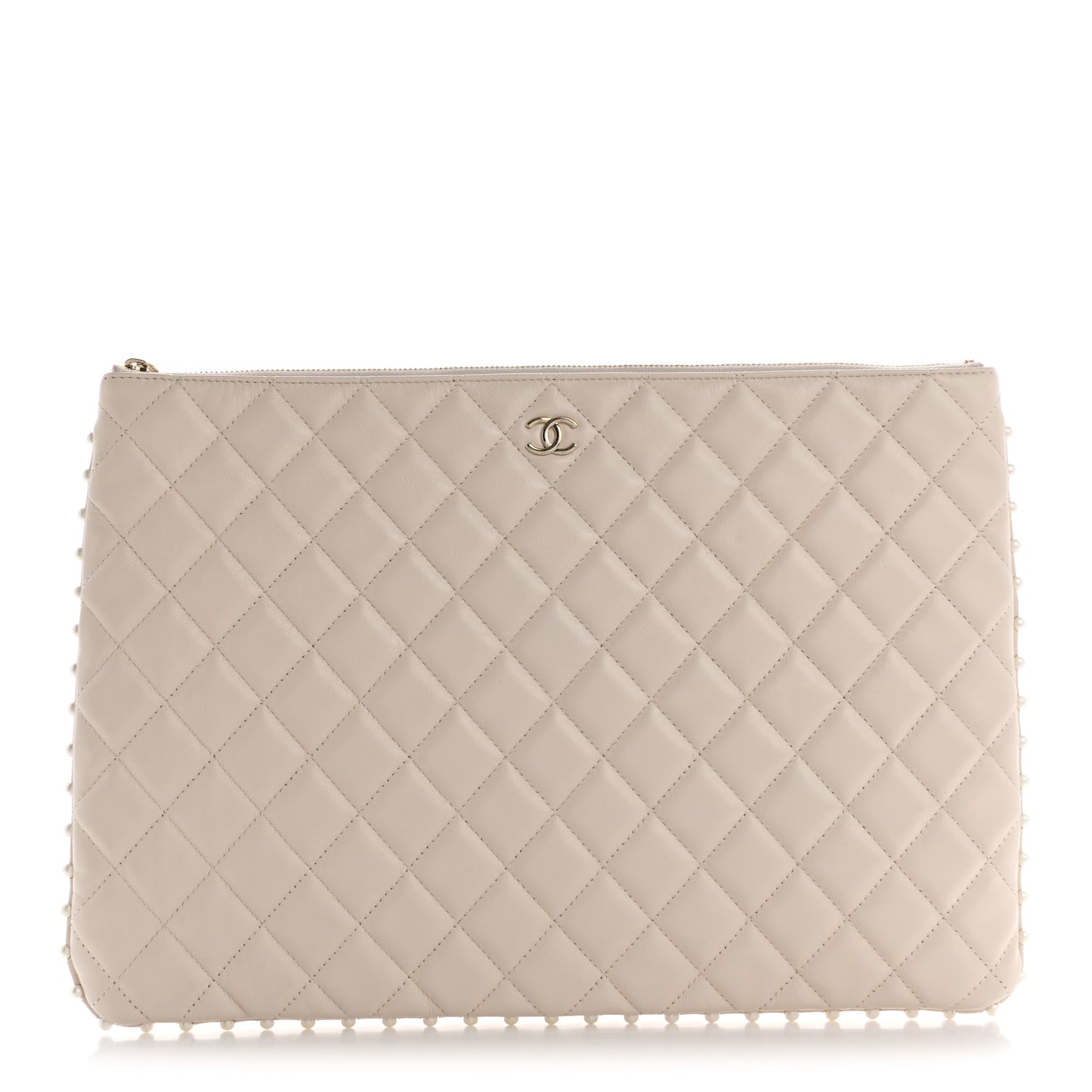 Calfskin Quilted Large Pearl Cosmetic Case Light Beige