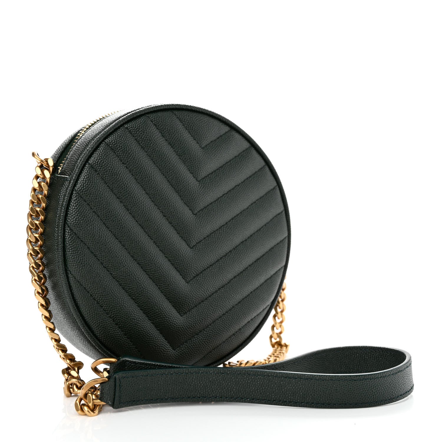 Saint Laurent Grain De Poudre Matelasse Chevron Quilted Round Vinyle Camera Bag New Vert Fonce 4 of 11