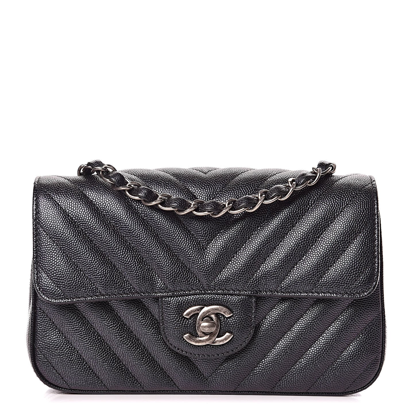 Iridescent Caviar Chevron Quilted Mini Rectangular Flap Black