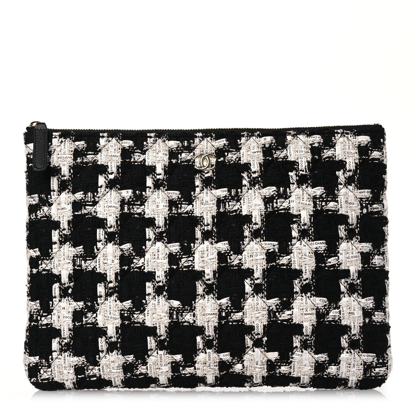 Tweed Quilted Medium Cosmetic Pouch Black Ecru White