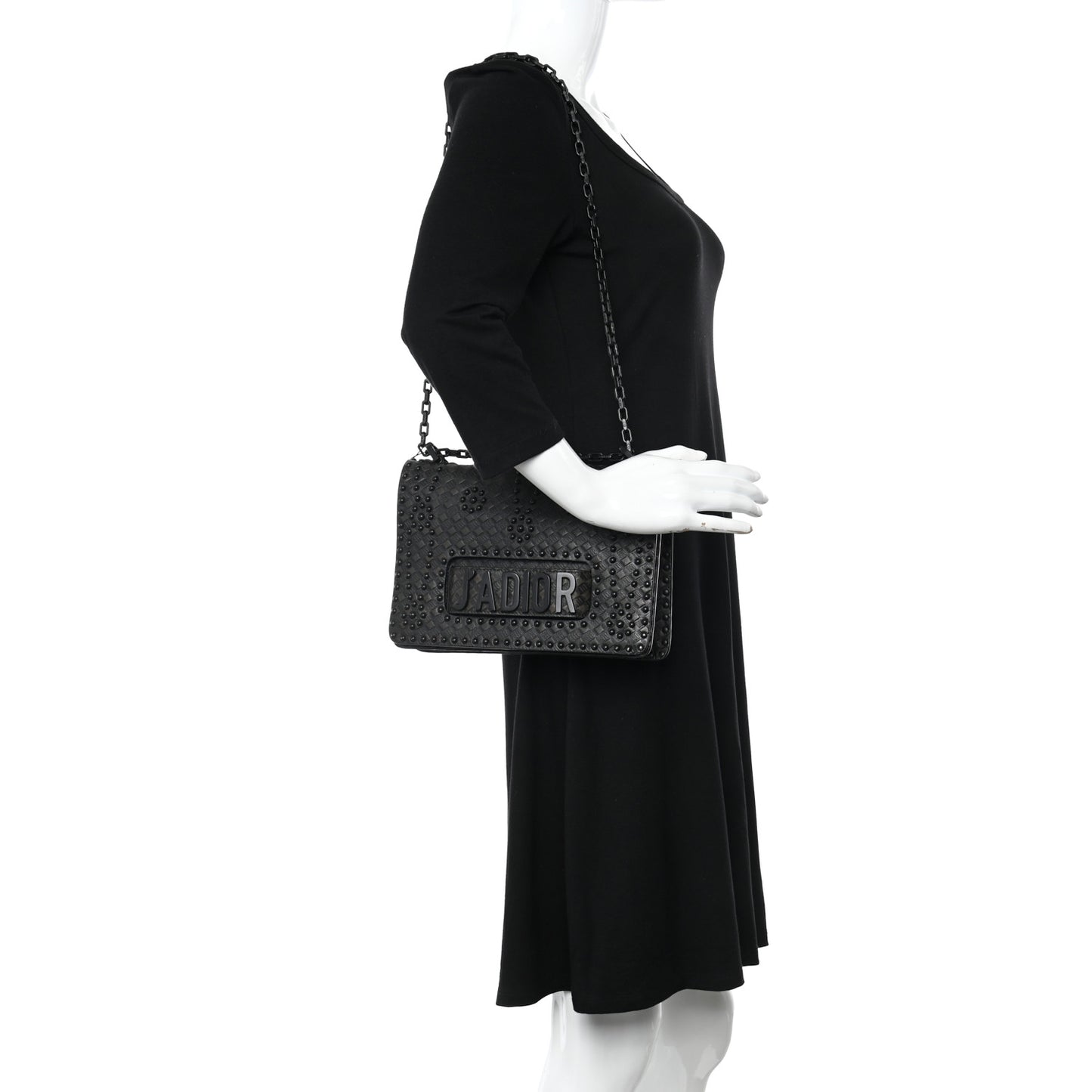Calfskin Embossed Cannage Studded J'Adior Chain Flap Bag Black