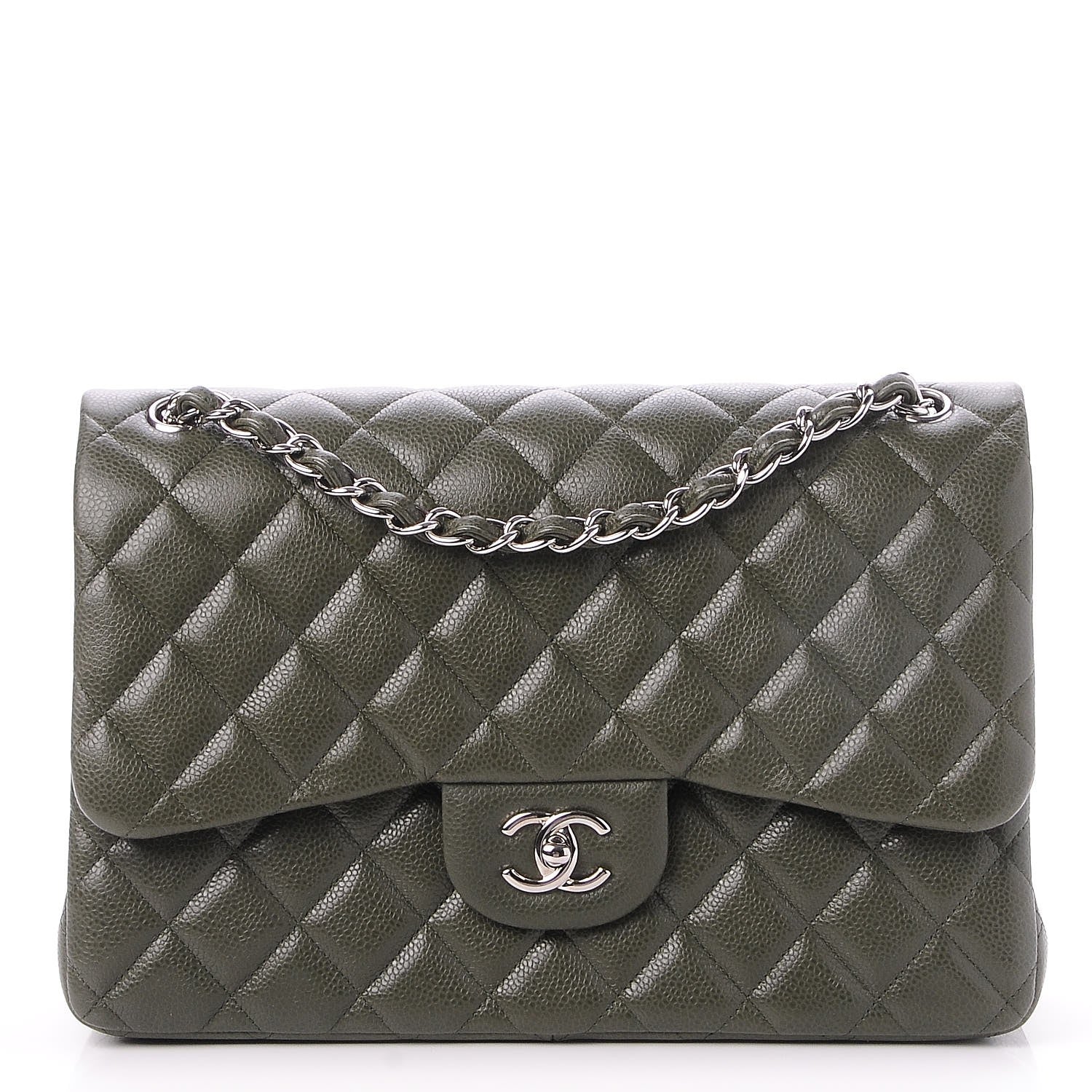 Chanel Caviar Quilted Jumbo Double Flap Dark Green 1 of 9