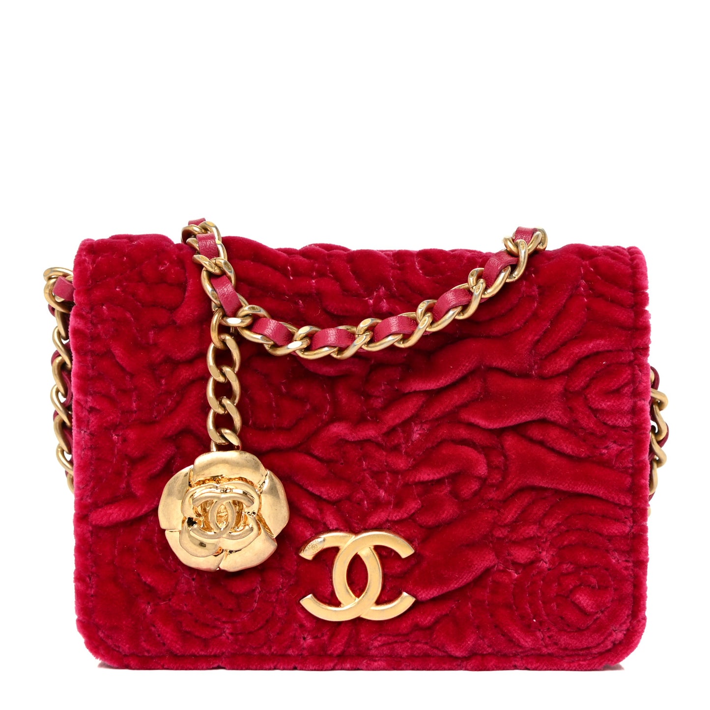 Velvet Quilted Camellia Velvet Flap Coin Purse With Chain Fuchsia