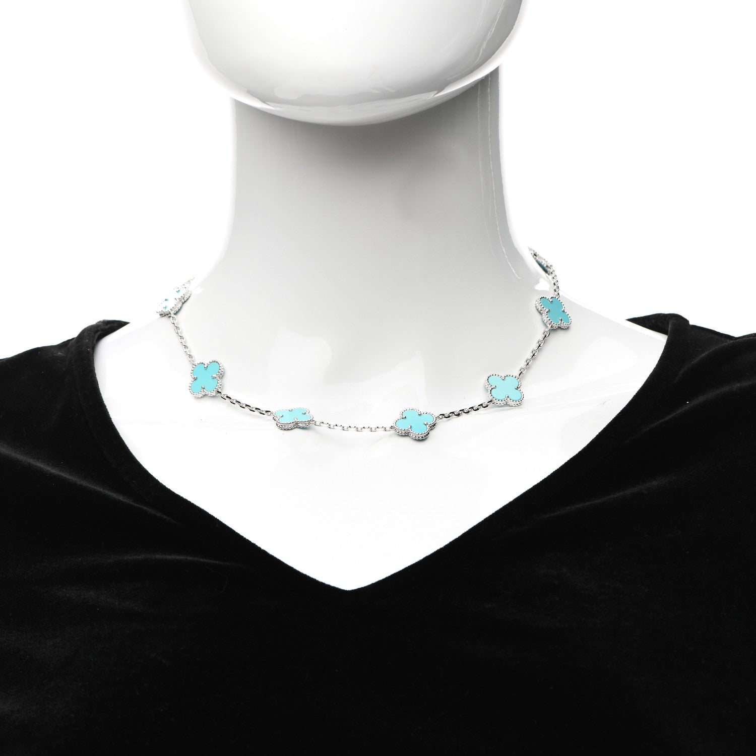 Van Cleef & Arpels 18K White Gold Turquoise 10 Motifs Vintage Alhambra Necklace 2 of 6