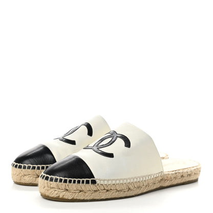 Chanel Iridescent Goatskin CC Espadrille Mules 40 Ivory Black 3 of 9