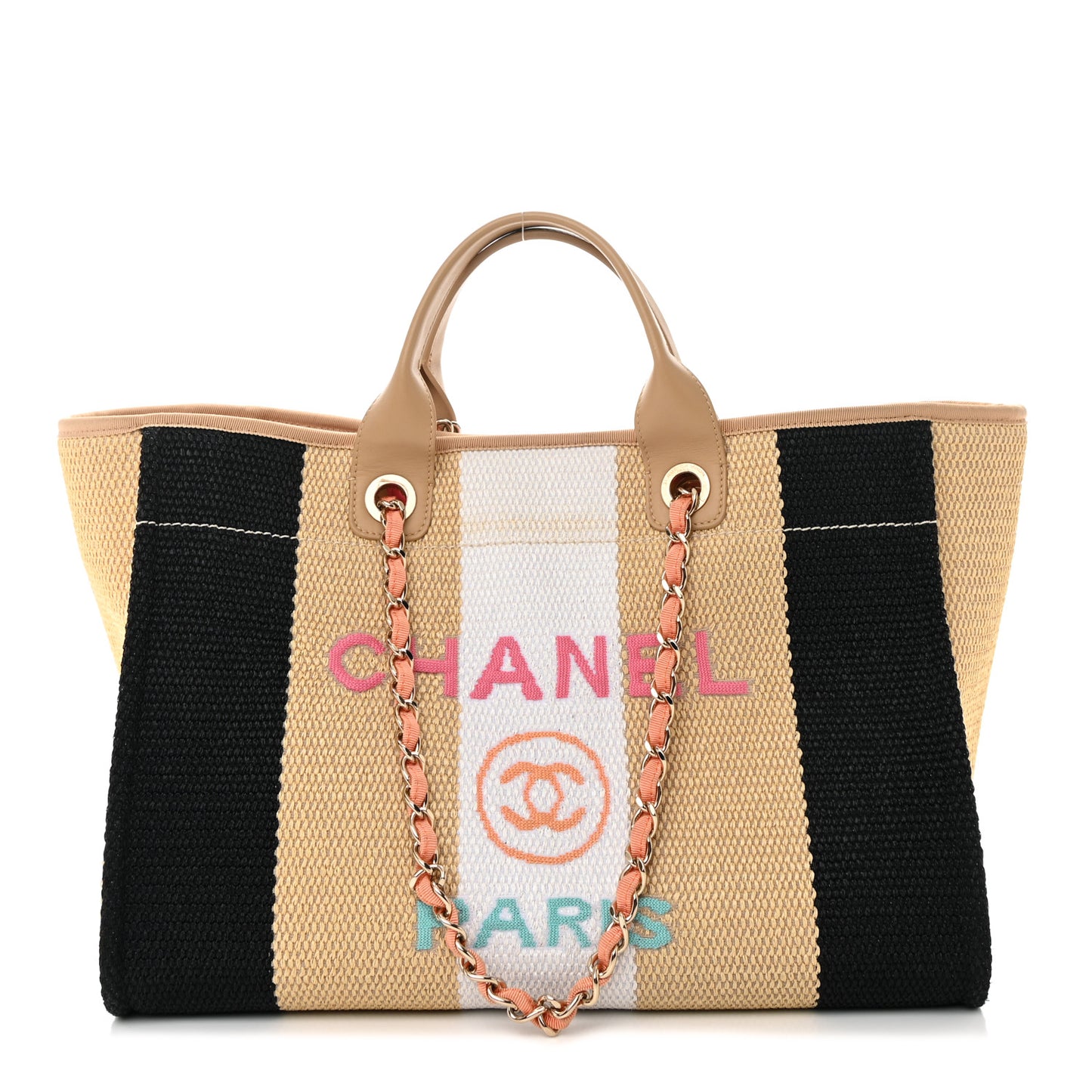 Straw Raffia Calfskin Striped Large Deauville Tote Black Beige Ivory