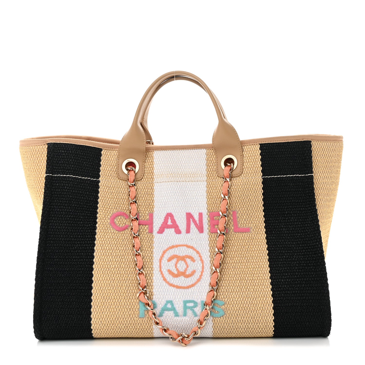 Chanel Straw Raffia Calfskin Striped Large Deauville Tote Black Beige Ivory 1 of 9