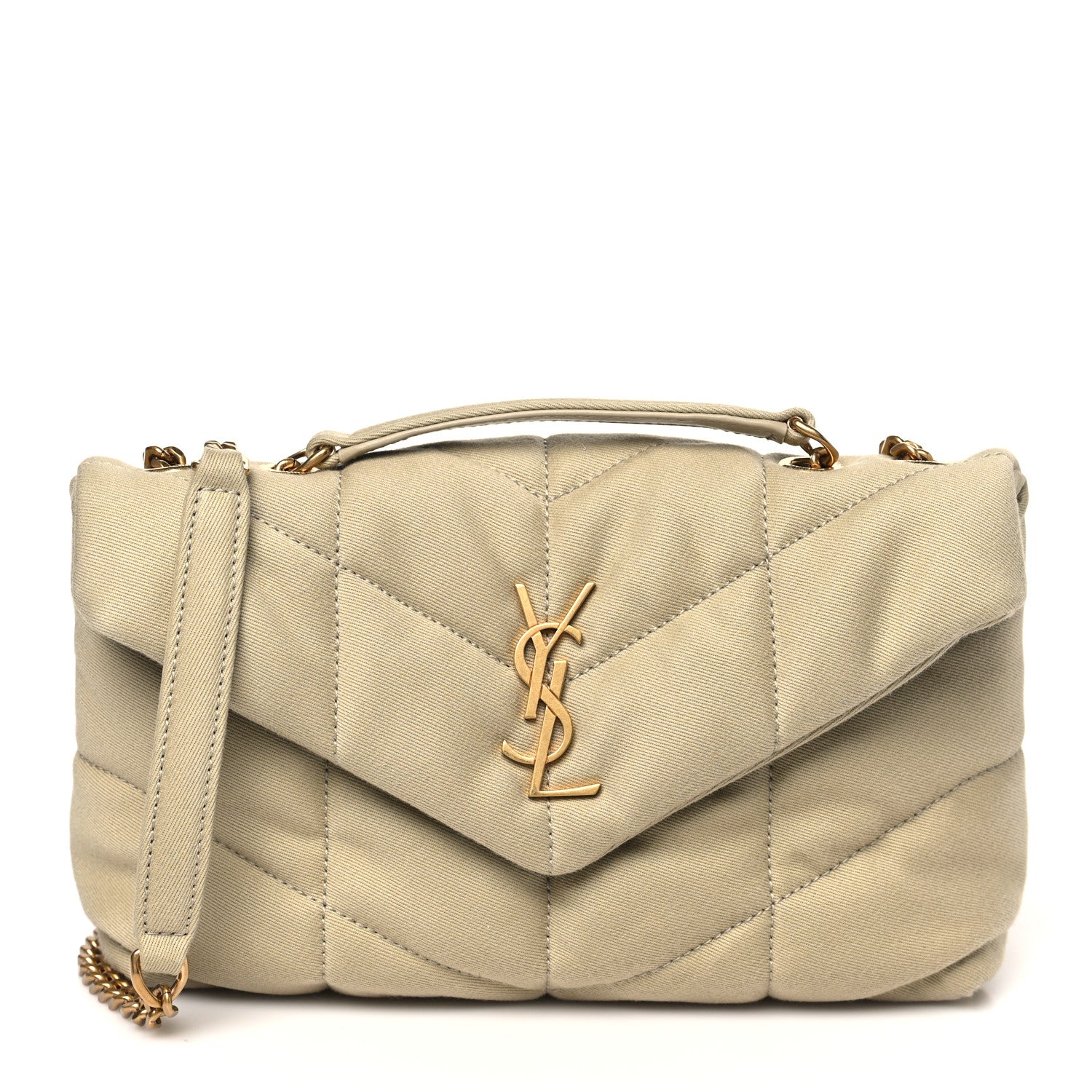 Saint Laurent Canvas Quilted Toy Loulou Puffer Monogram Chain Satchel Cool Beige 1 of 10