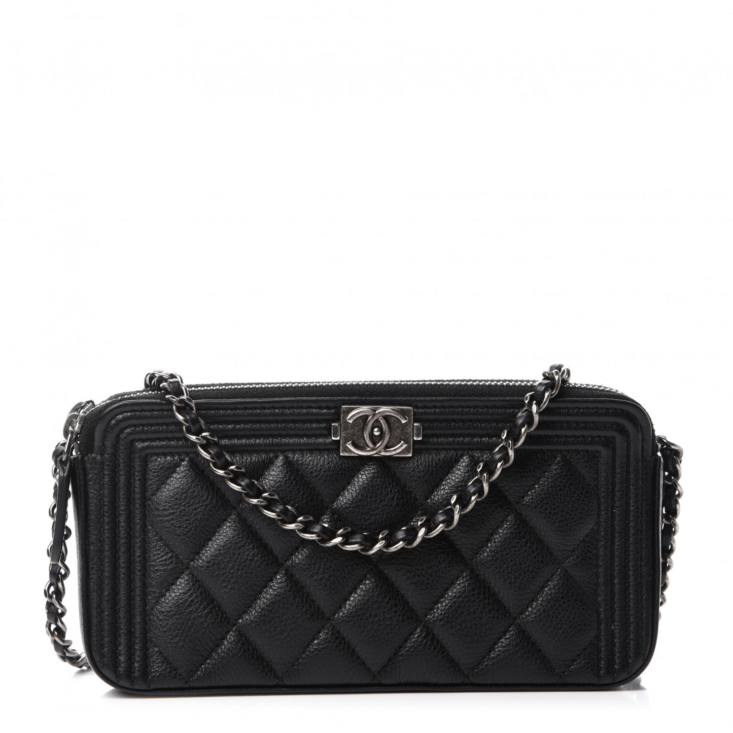 Calfskin Quilted Small Boy Clutch With Chain Black