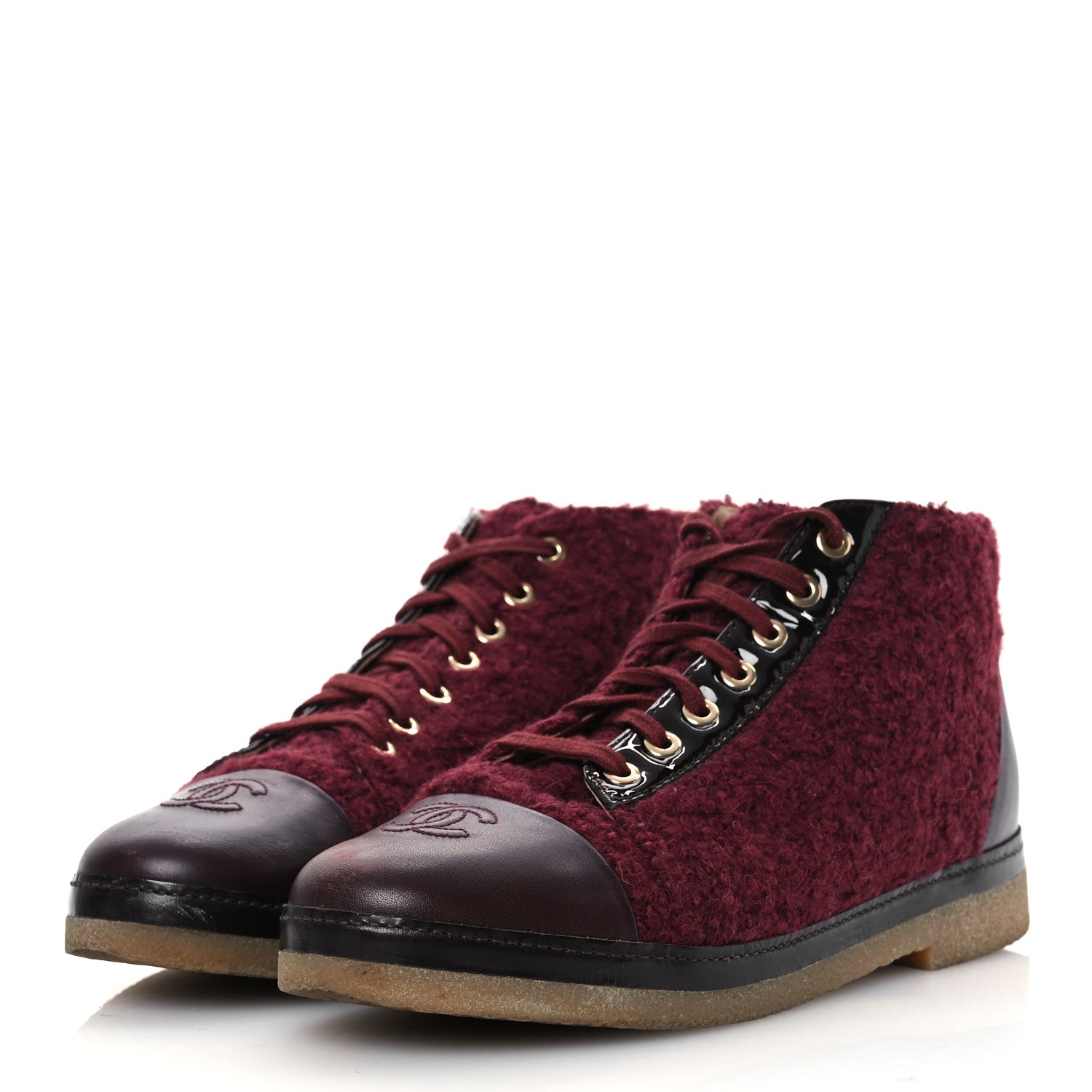 Chanel Tweed Calfskin Patent CC Lace Up Short Boots 39 Burgundy 4 of 16