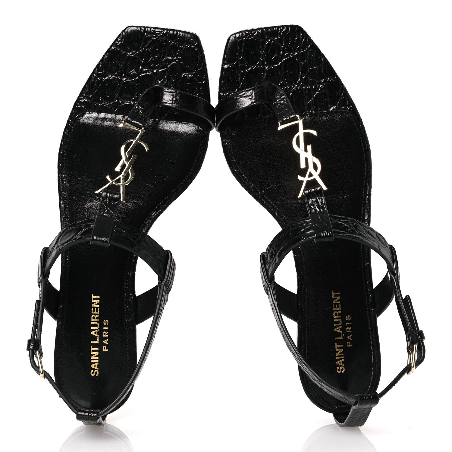 Saint Laurent Calfskin Crocodile Embossed Cassandra Monogram Sandals 40 Black 2 of 12