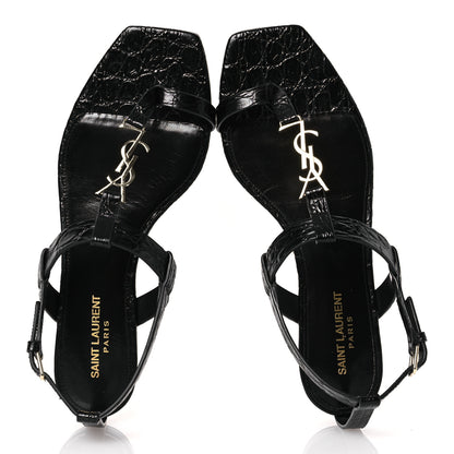 Saint Laurent Calfskin Crocodile Embossed Cassandra Monogram Sandals 40 Black 2 of 12