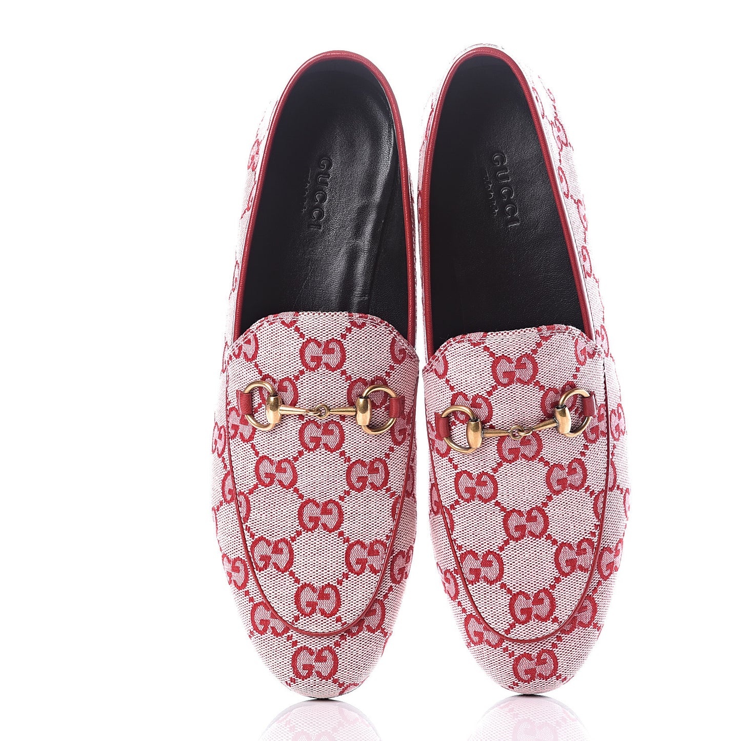 Canvas GG Monogram Horsebit Womens Jordaan Loafers 37.5 Gardenia Hibiscus Red