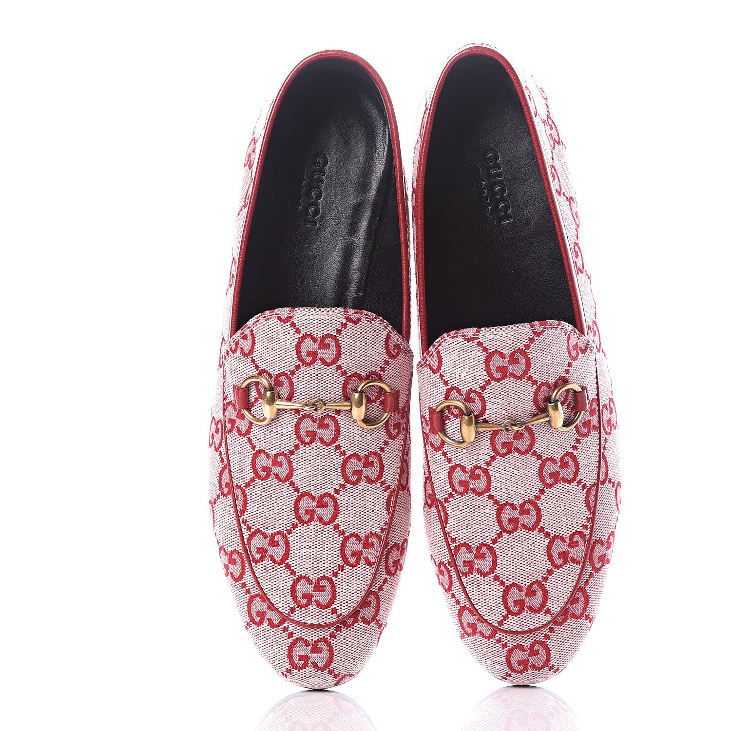 Gucci Canvas GG Monogram Horsebit Womens Jordaan Loafers 37.5 Gardenia Hibiscus Red 5 of 13