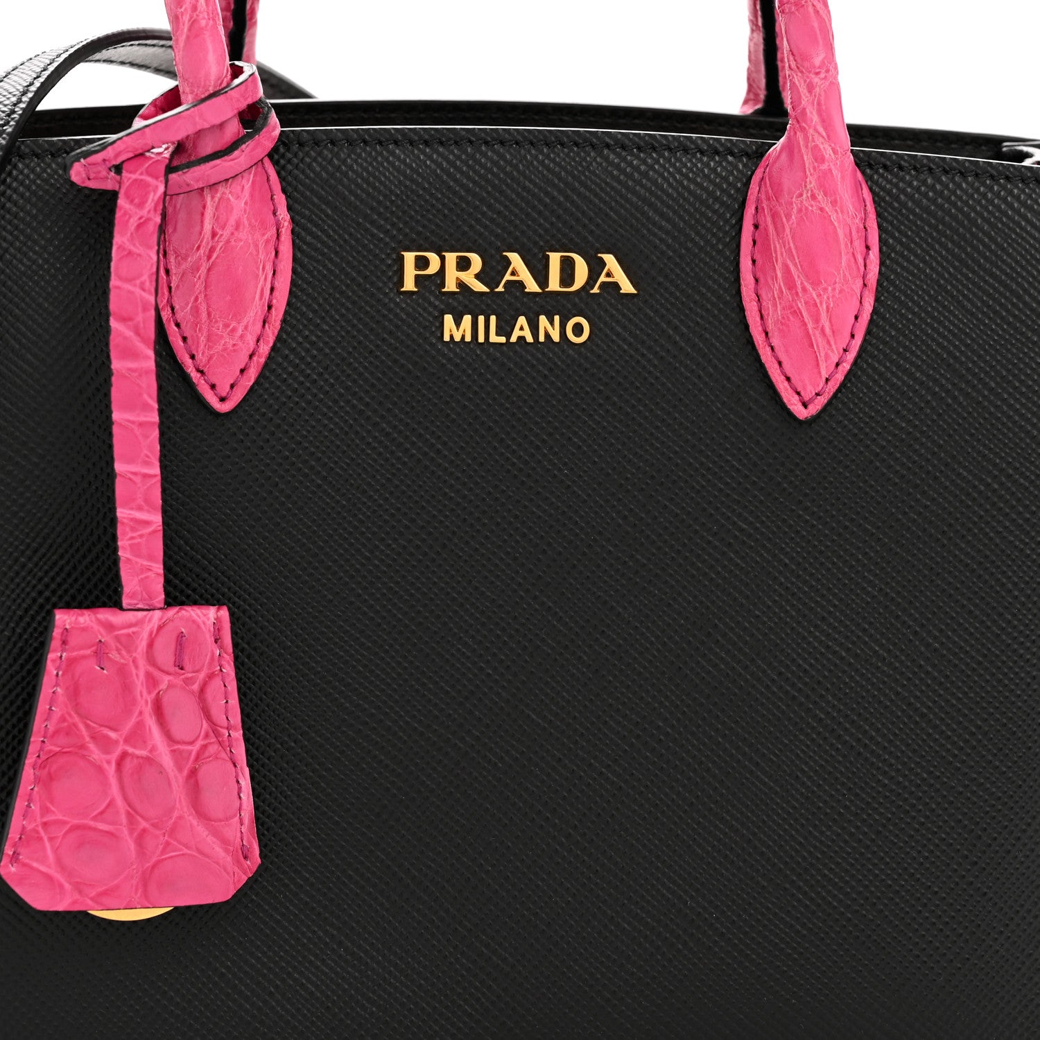 Prada Saffiano Cuir Crocodile Mini Double Bag Black Magenta