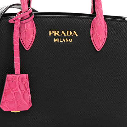 Prada Saffiano Cuir Crocodile Mini Double Bag Black Magenta 8 of 13