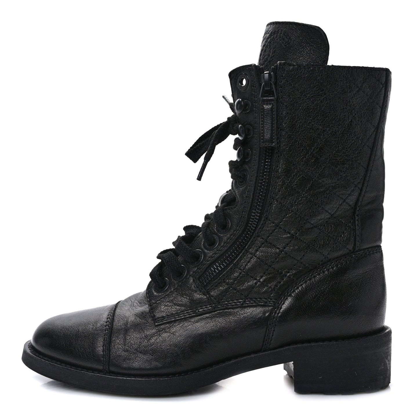 Calfskin Quilted Lace Up Combat Boots 38.5 Black