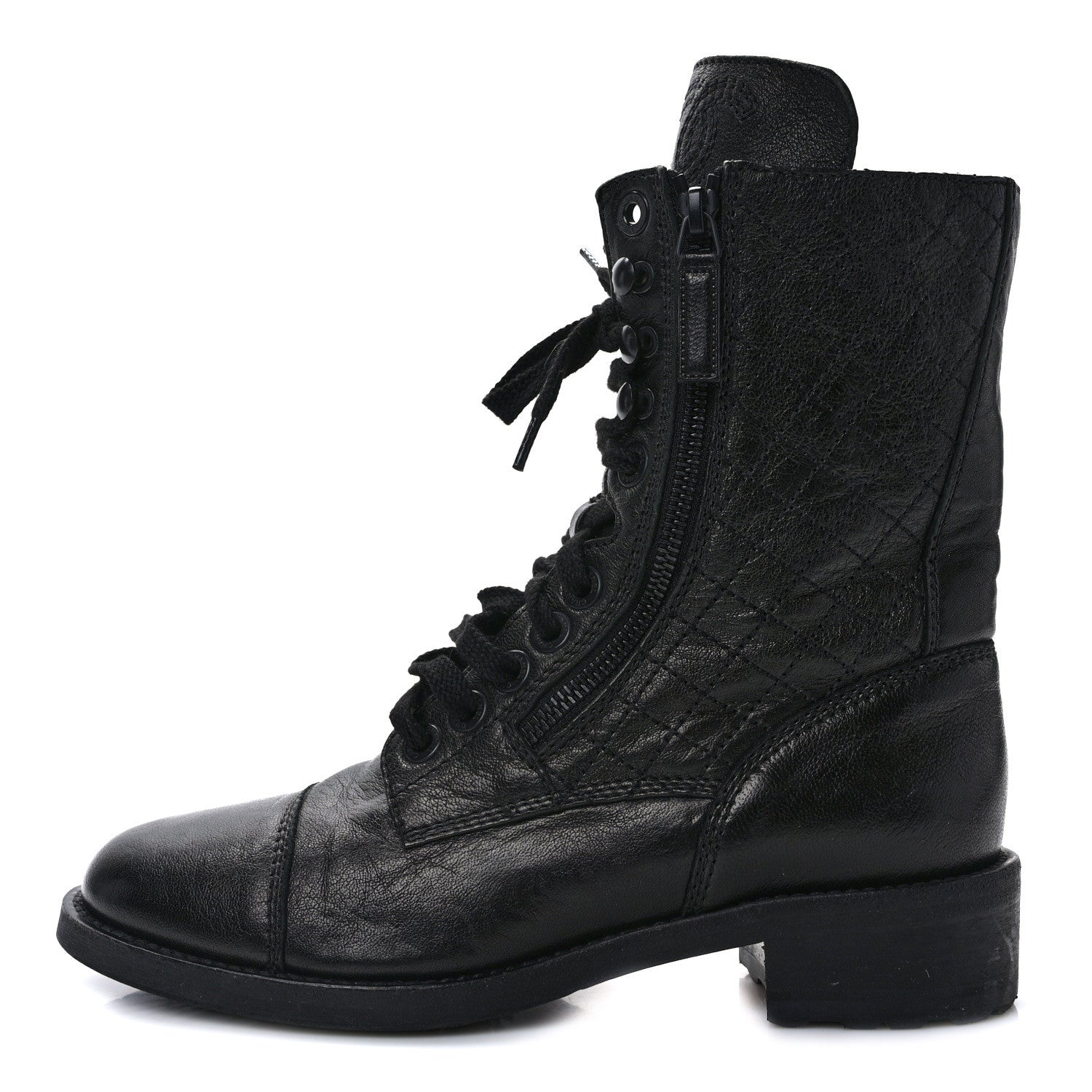 Chanel Calfskin Quilted Lace Up Combat Boots 38.5 Black 1 of 8