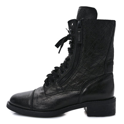 Chanel Calfskin Quilted Lace Up Combat Boots 38.5 Black 1 of 8