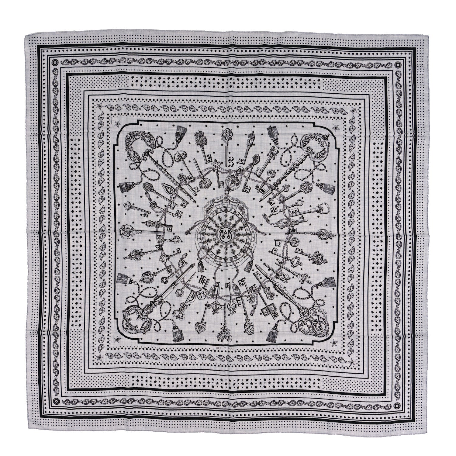 Hermes Cashmere Silk Les Cles Bandana Shawl 140 Gris Chine Black 1 of 3