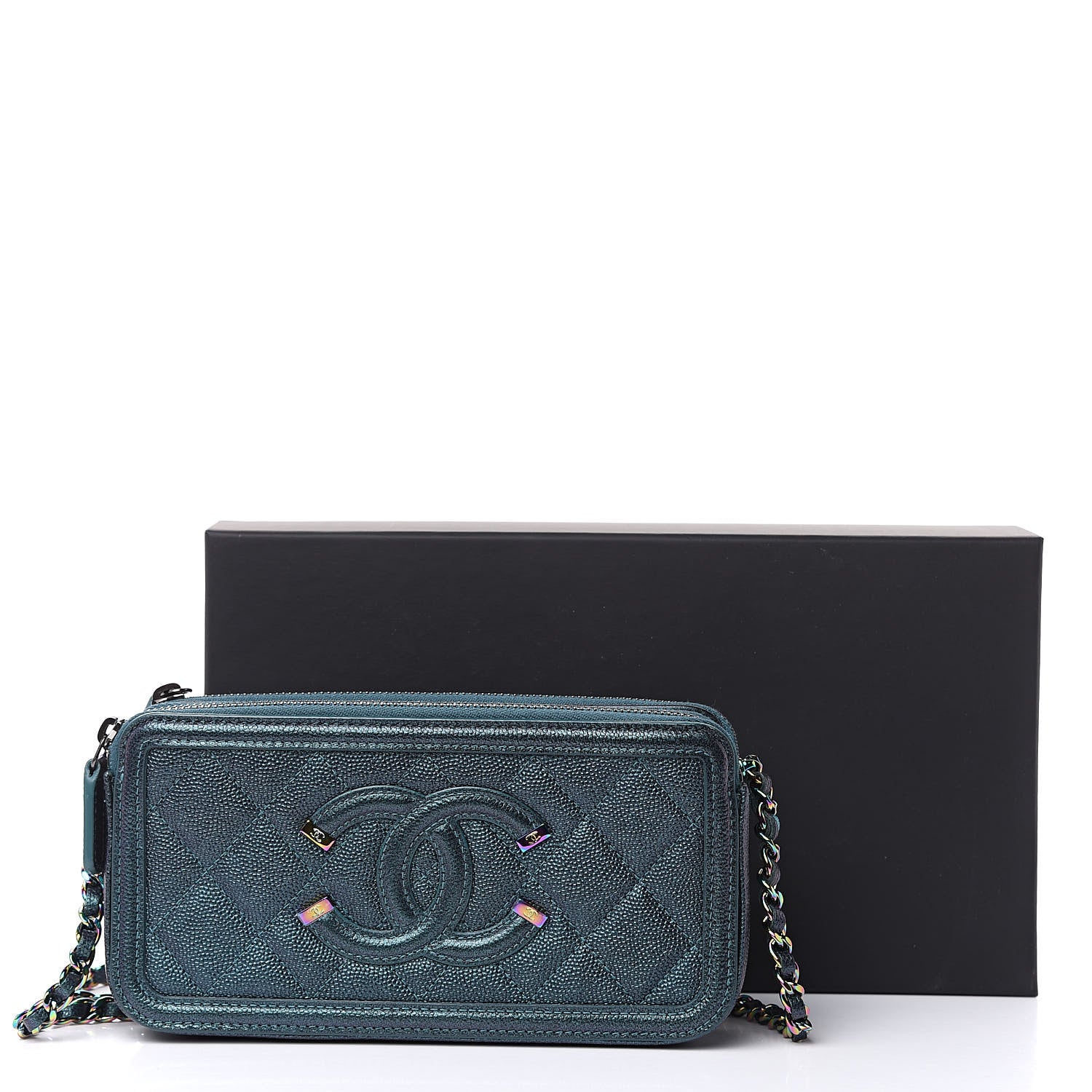 Chanel Iridescent Caviar Quilted CC Filigree Clutch With Chain Dark Turquoise 13 of 13