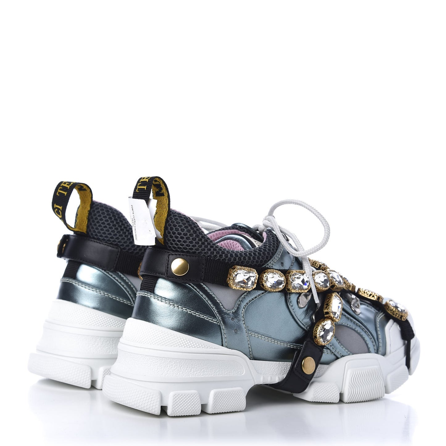 X SEGA Metallic Calfskin Removable Crystals Womens Flashtrek Sneakers 37.5 Lago Loess Silver