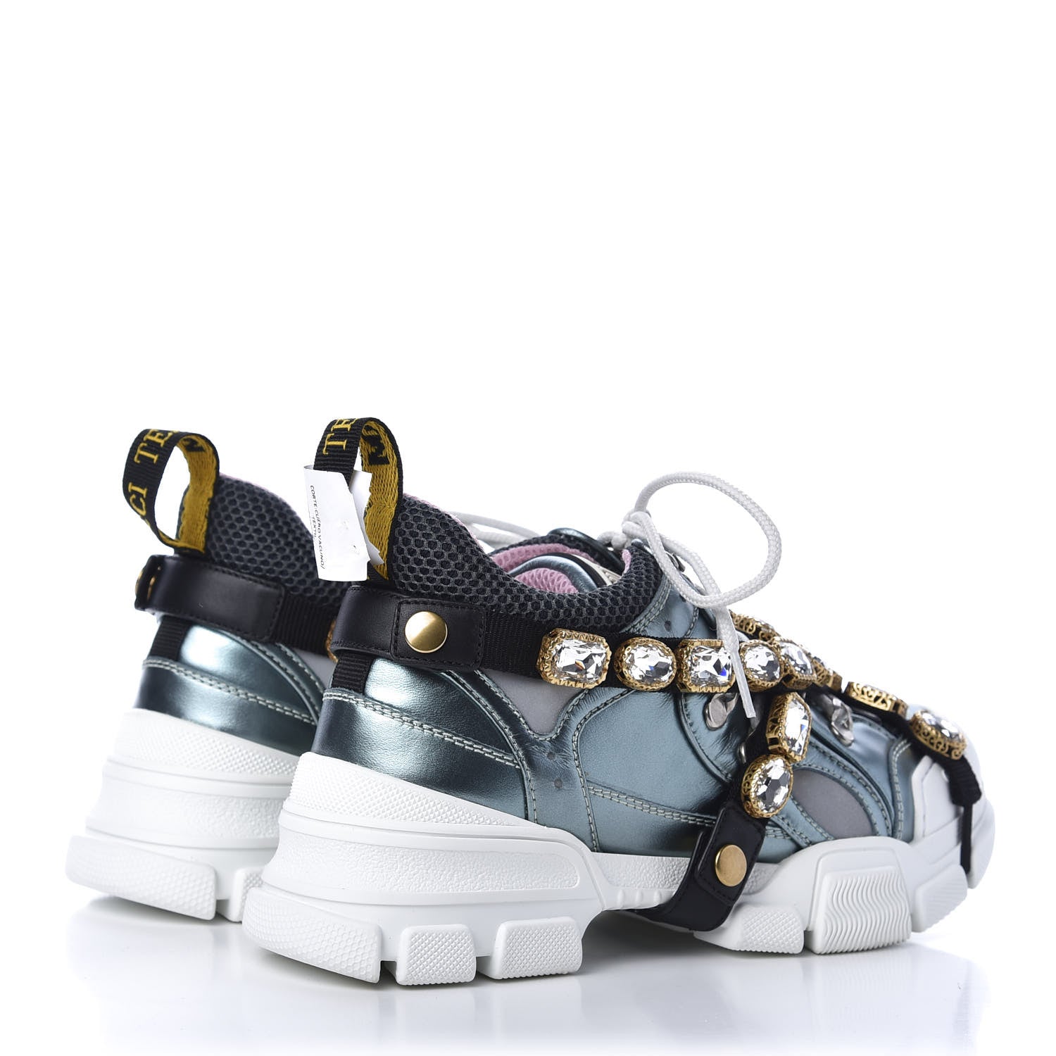 Gucci X SEGA Metallic Calfskin Removable Crystals Womens Flashtrek Sneakers 37.5 Lago Loess Silver 4 of 8