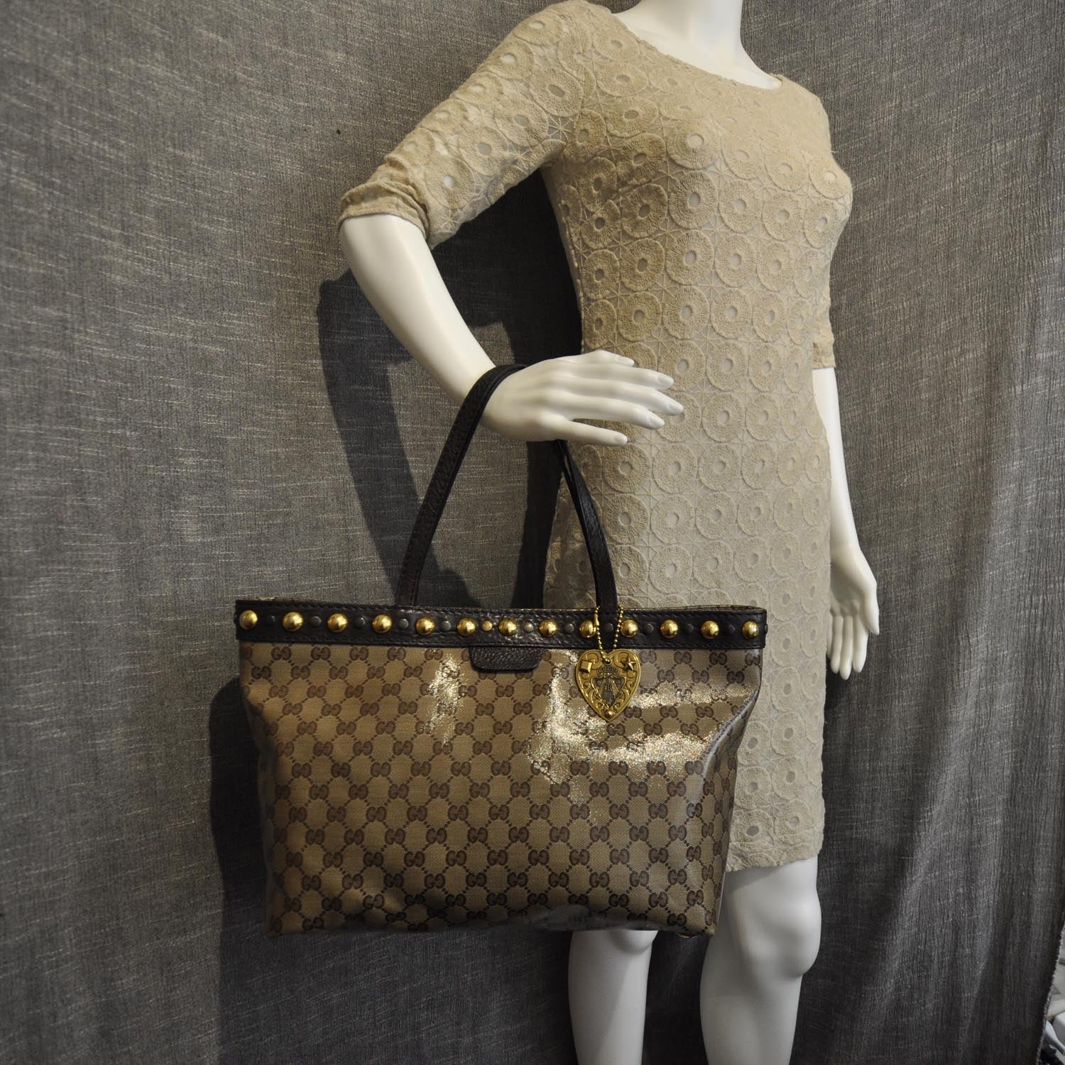 Gucci Crystal Monogram Medium Babouska Shopping Tote Dark Brown 2 of 10