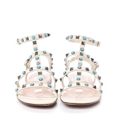 Valentino Garavani Calfskin Turquoise Rockstud Rolling Gladiator Flat Sandals 37 Light Ivory 2 of 8