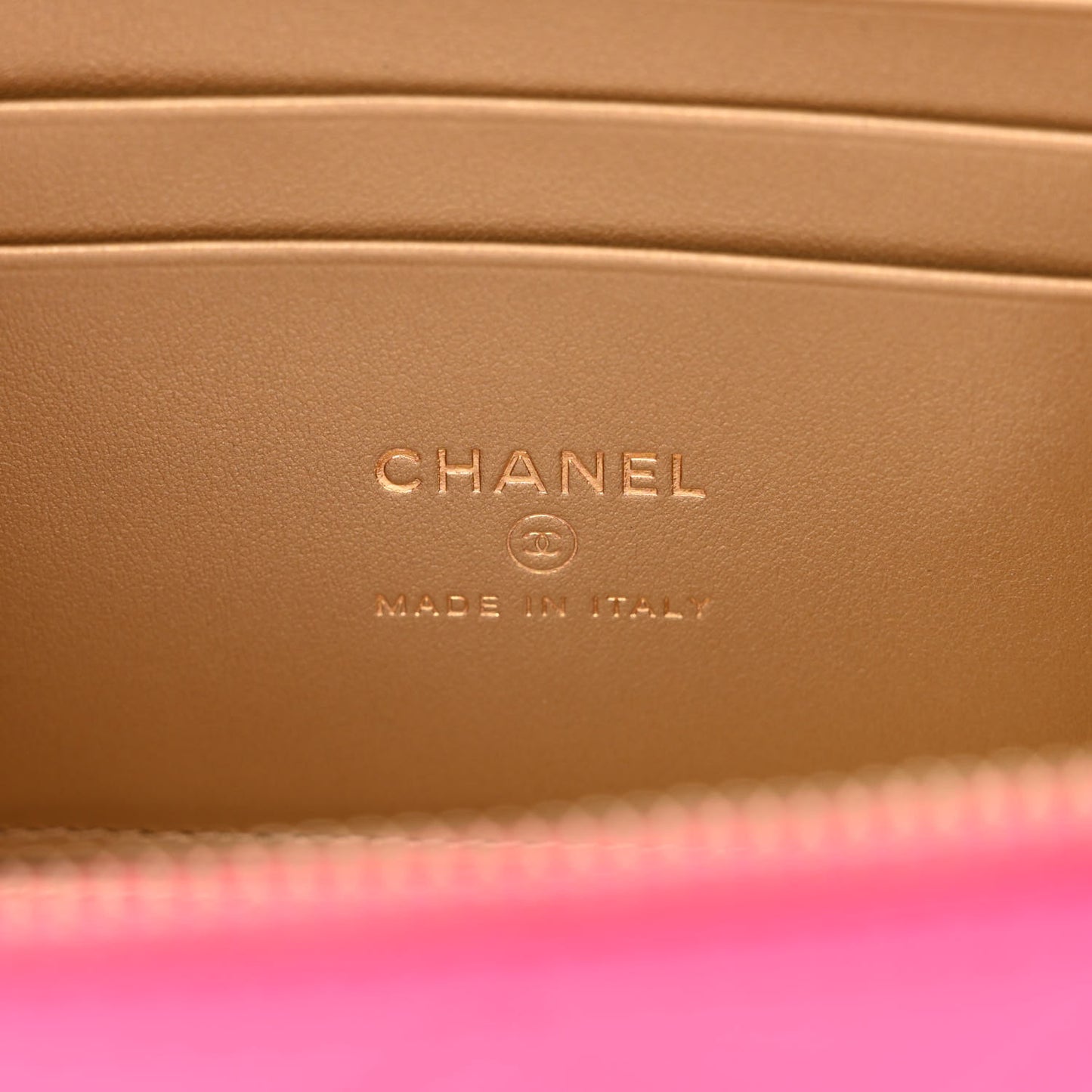 Patent Quilted Pearl Crush Small Vanity Case With Chain Neon Pink