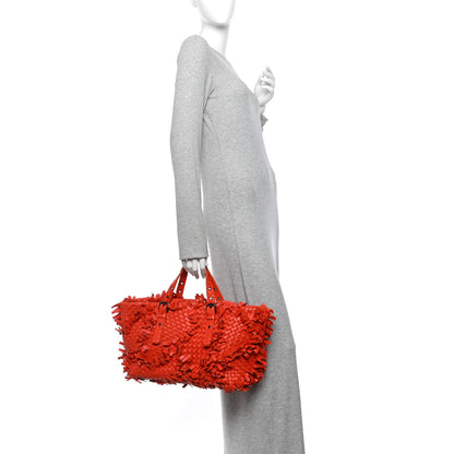 Bottega Veneta Nappa Intrecciato Patchwork Frayed Tote Red 2 of 10