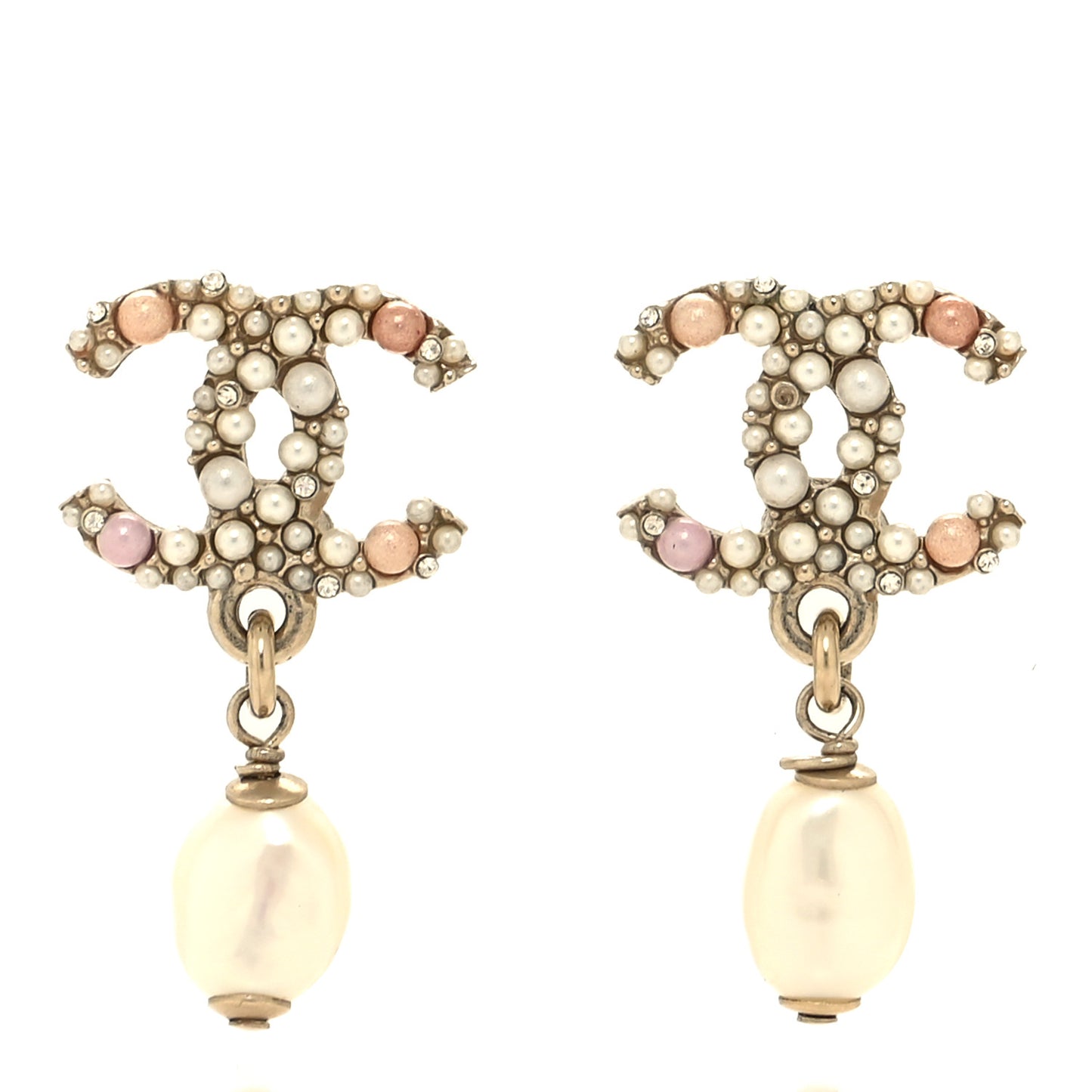 Pearl Crystal CC Charm Drop Earrings Light Gold Pink