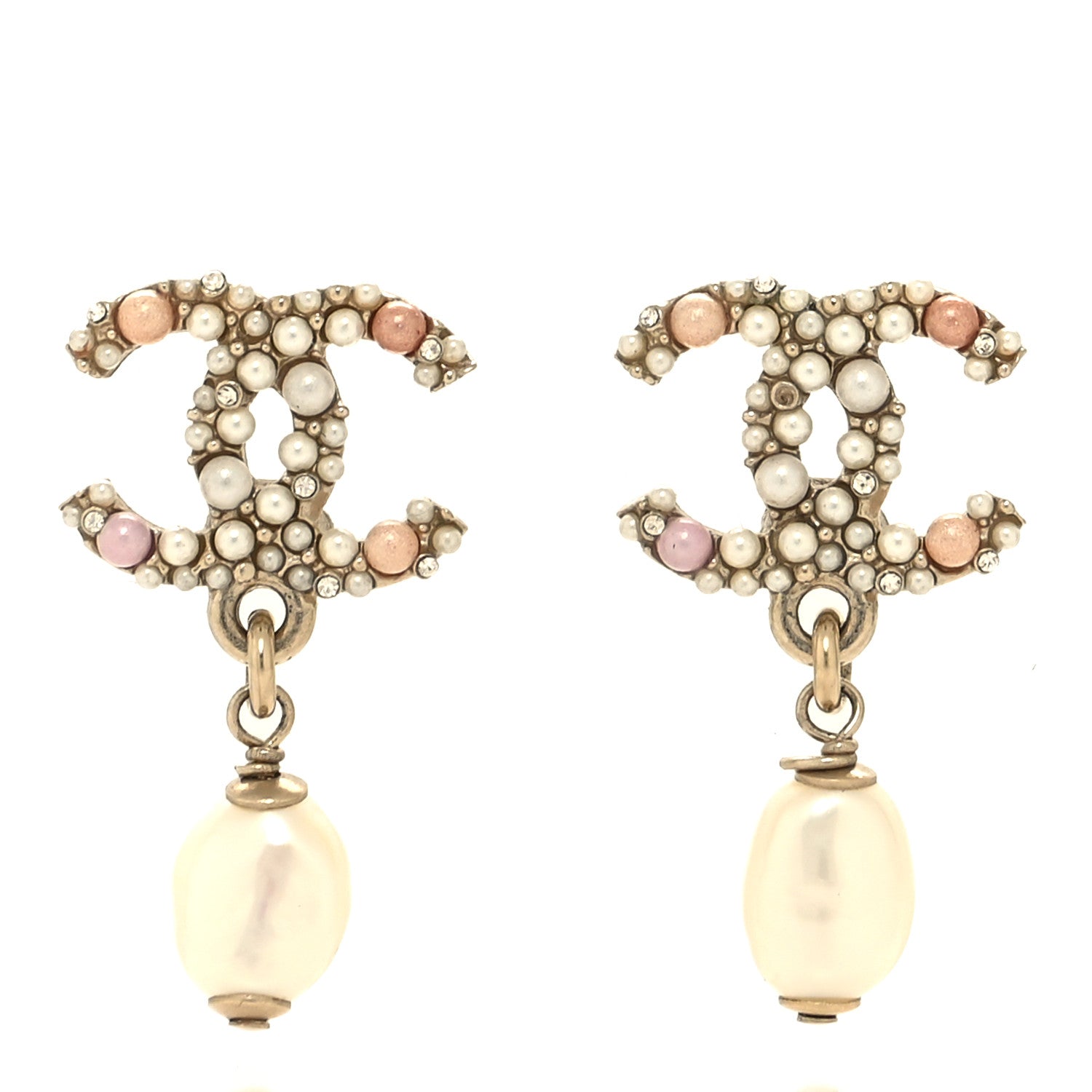 Chanel Pearl Crystal CC Charm Drop Earrings Light Gold Pink 1 of 5