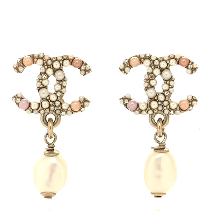 Chanel Pearl Crystal CC Charm Drop Earrings Light Gold Pink 1 of 5