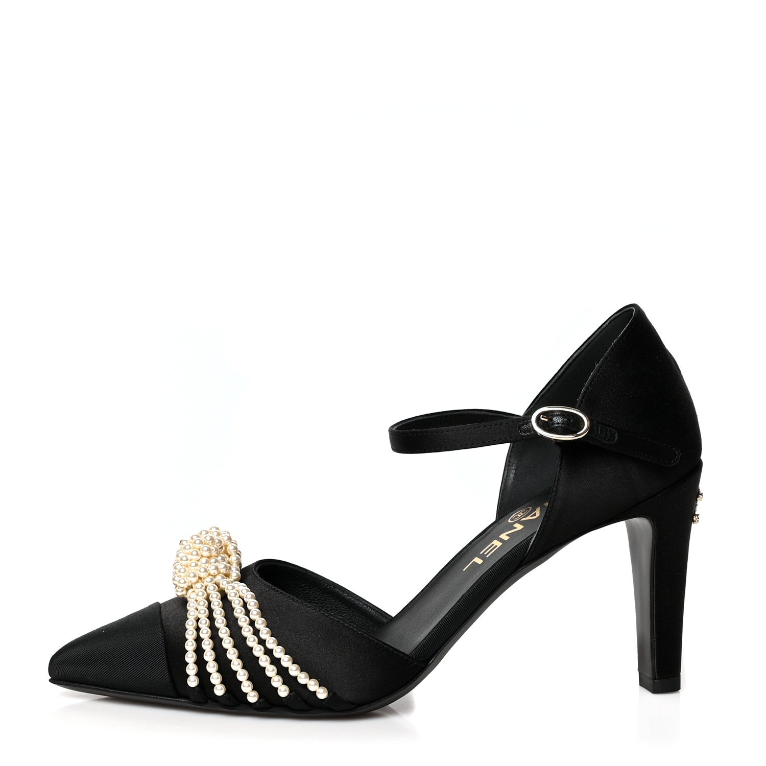 Chanel Suede Pearl Grosgrain Ankle Strap Pumps 36.5 Black 1 of 7