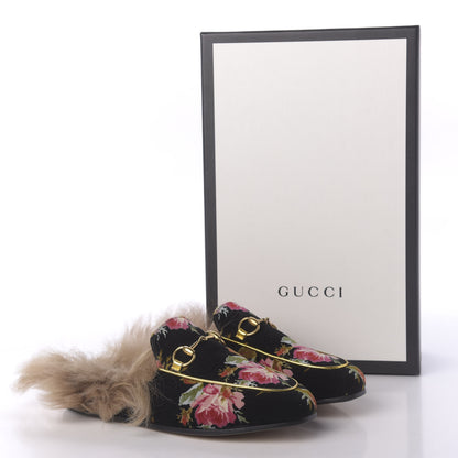 Gucci Velvet Fur Floral Womens Princetown Slippers 35 Black 9 of 9