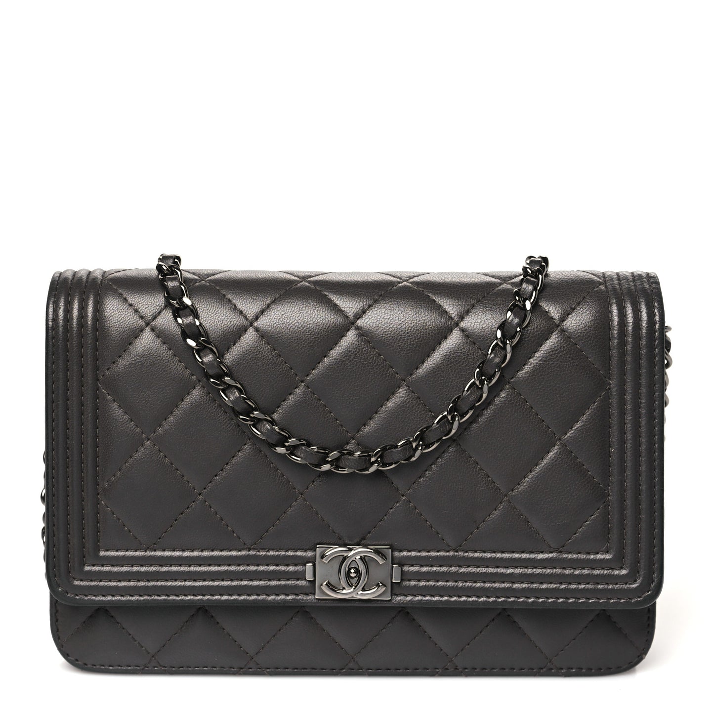 Lambskin Quilted Boy Wallet On Chain WOC Dark Grey