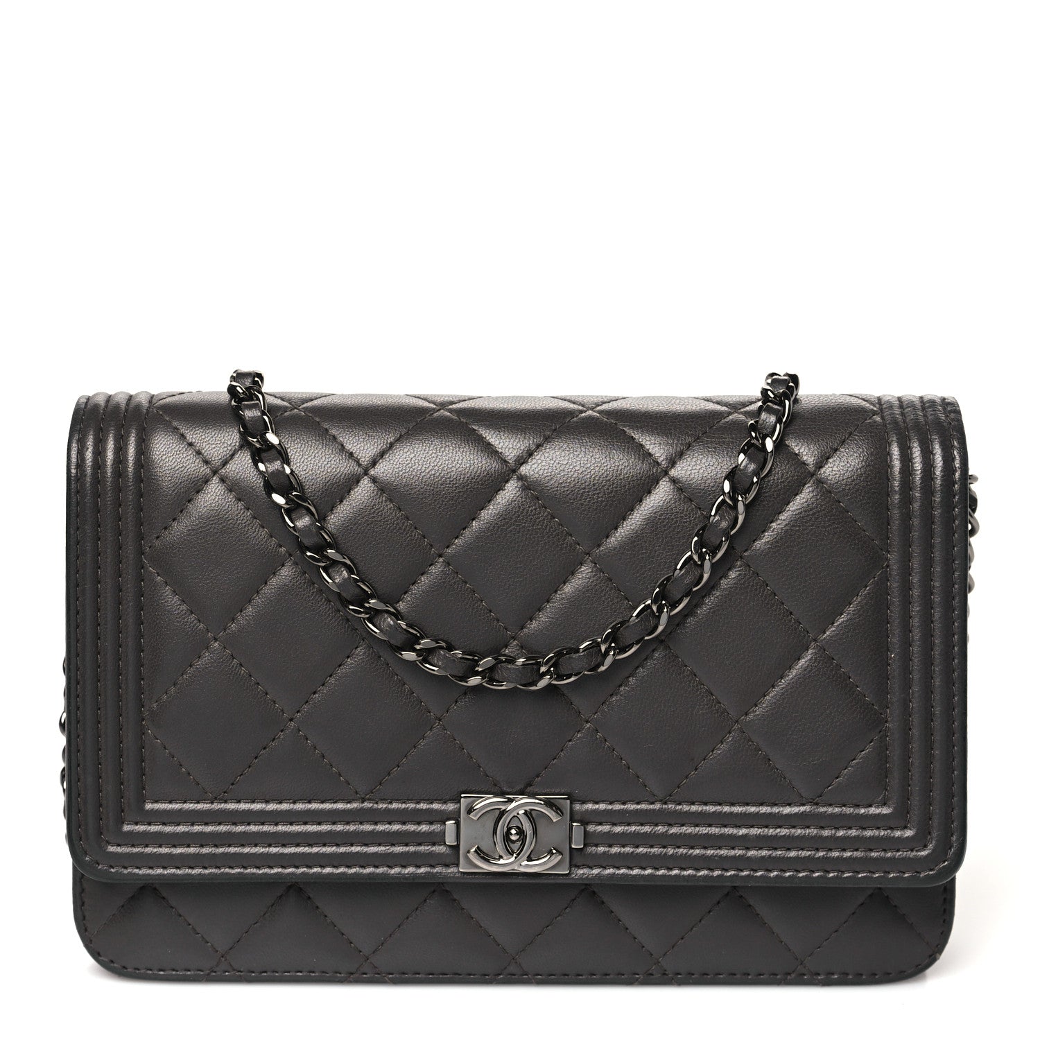 Chanel Lambskin Quilted Boy Wallet On Chain WOC Dark Grey 1 of 14