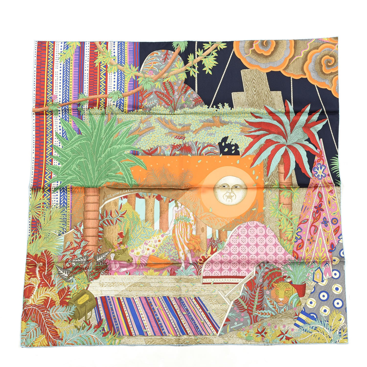 Hermes Silk Acte III Scene I La Clairiere Shawl 90 Marine Orange Vert 1 of 7