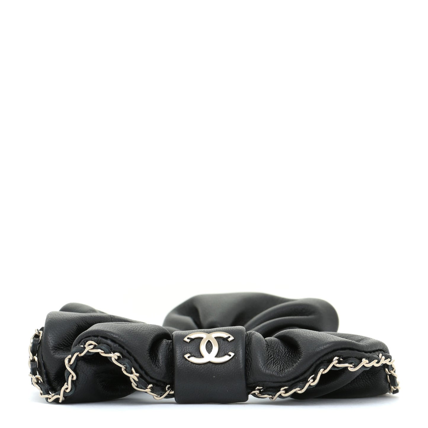 Lambskin Chain CC Hair Scrunchie Black Gold