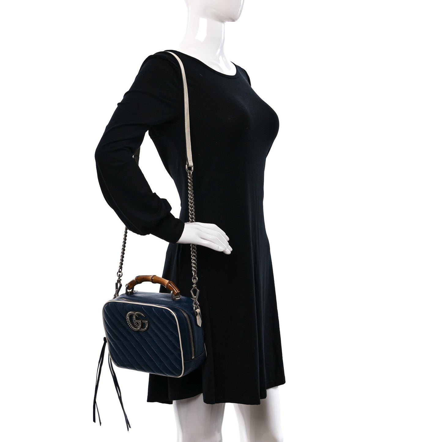 Vintage Effect Calfskin Matelasse Diagonal Small Torchon GG Marmont Bamboo Top Handle Shoulder Bag Blue Agata Mystic White