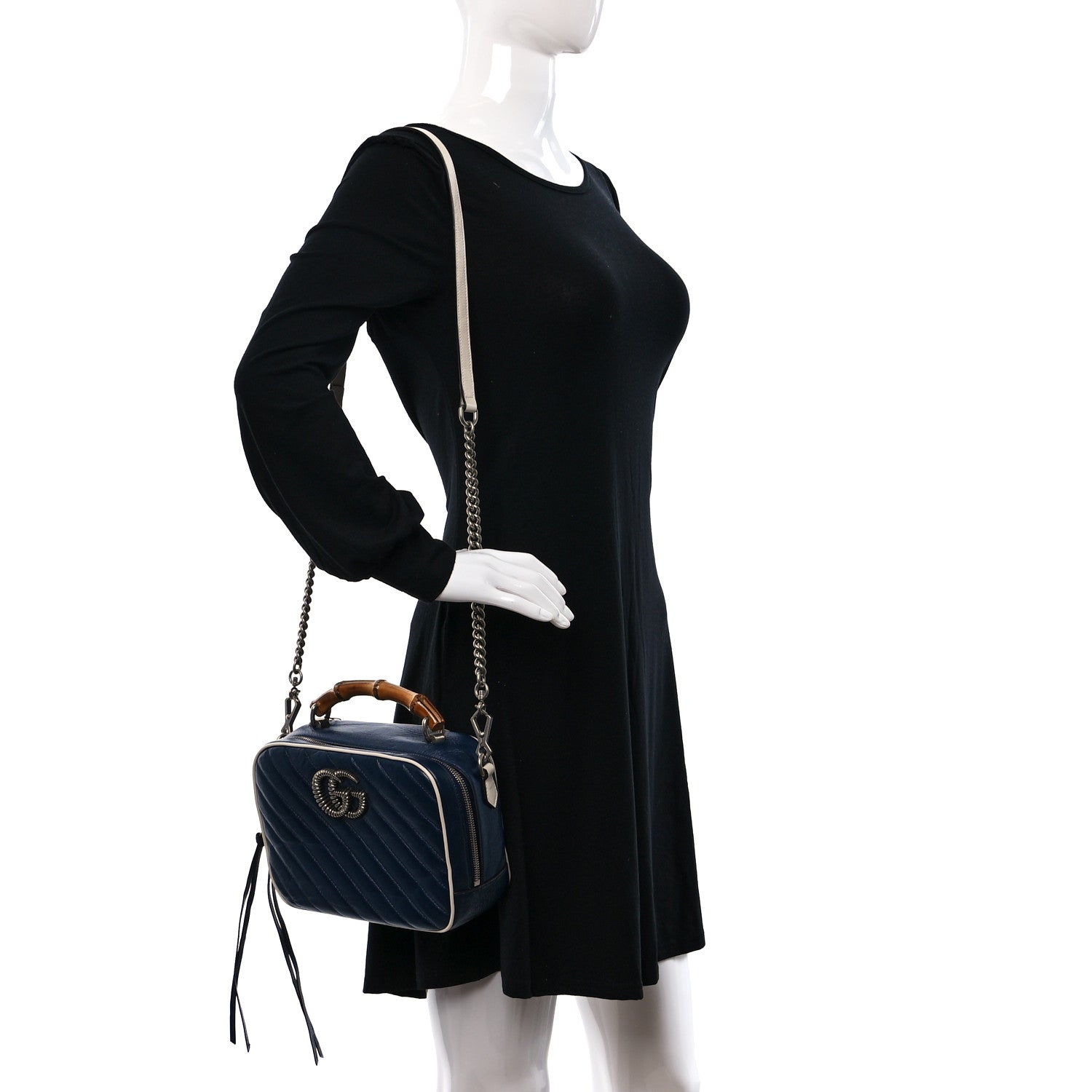 Gucci Vintage Effect Calfskin Matelasse Diagonal Small Torchon GG Marmont Bamboo Top Handle Shoulder Bag Blue Agata Mystic White 2 of 9