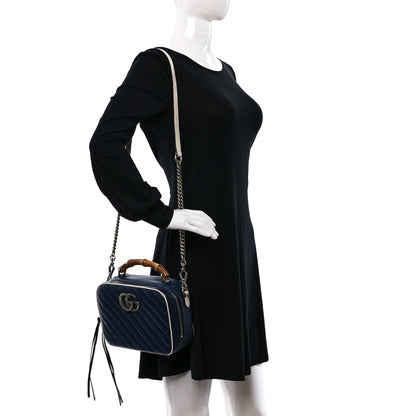 Gucci Vintage Effect Calfskin Matelasse Diagonal Small Torchon GG Marmont Bamboo Top Handle Shoulder Bag Blue Agata Mystic White 2 of 9