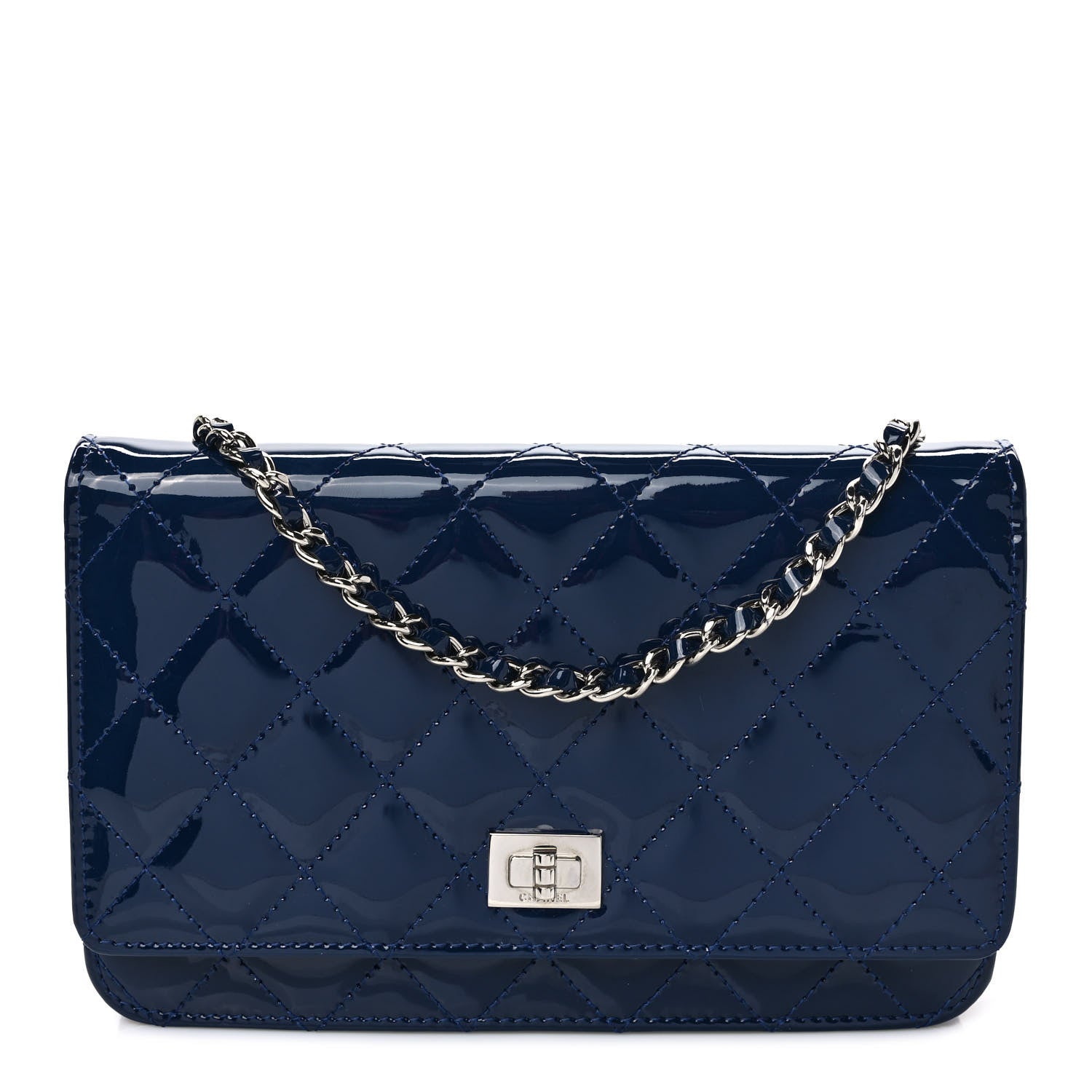 Chanel Patent Calfskin Quilted Reissue Wallet On Chain WOC Dark Navy Blue 1 of 8