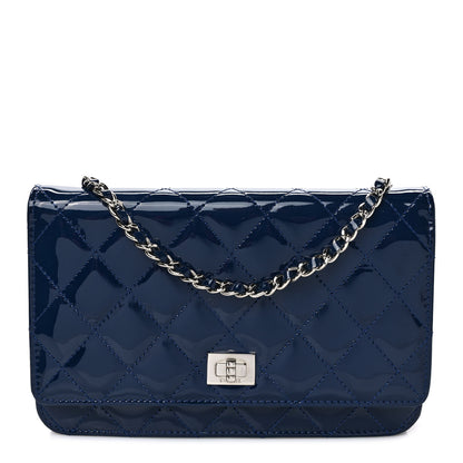 Chanel Patent Calfskin Quilted Reissue Wallet On Chain WOC Dark Navy Blue 1 of 8