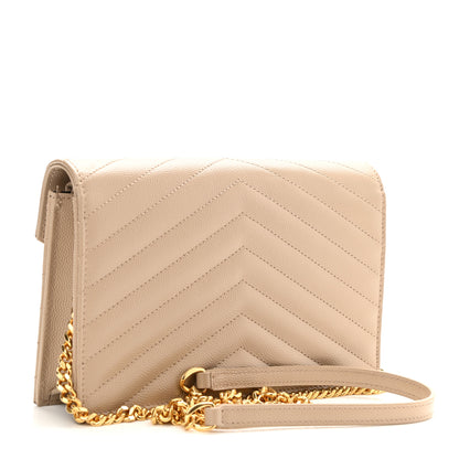 Saint Laurent Grain De Poudre Matelasse Chevron Monogram Envelope Chain Wallet Dark Beige 3 of 9