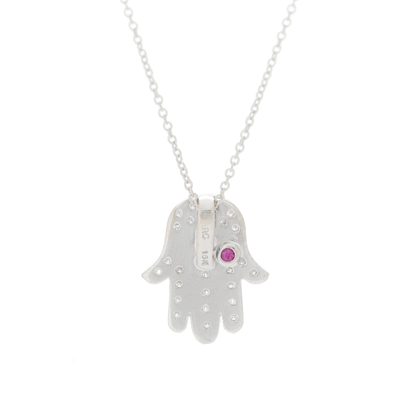 18K White Gold Diamond Blue Sapphire Hamsa Pendant Necklace