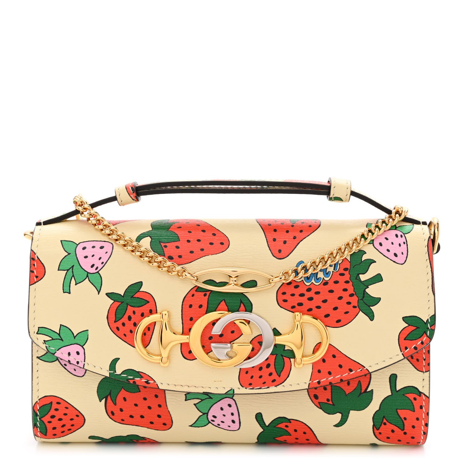 Gucci Calfskin Strawberry Print Mini Zumi Shoulder Bag Ivory Red