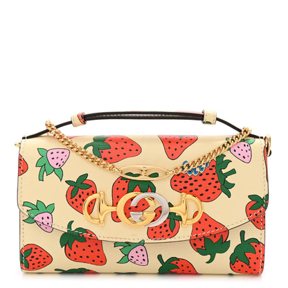 Gucci Calfskin Strawberry Print Mini Zumi Shoulder Bag Ivory Red 1 of 10