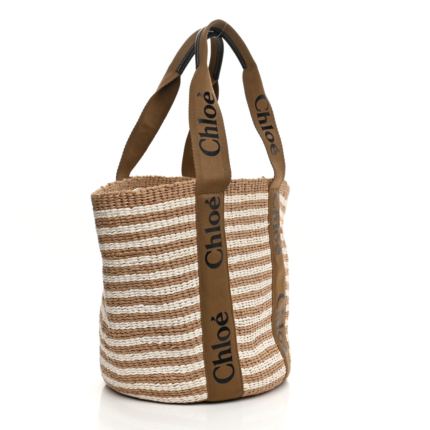 Raffia Calfskin Large Woody Striped Basket Bag Brown